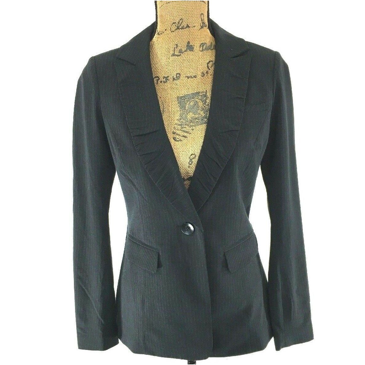 Cabi Blazer 2 Xs Black Beige Pin Stripe Ruched Fitted Suit Jacket Lined